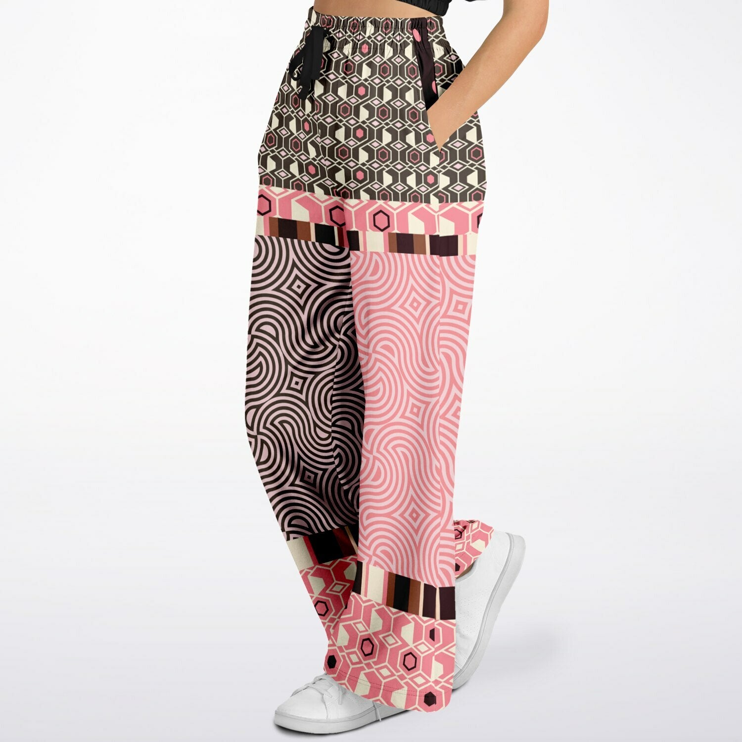 Fantasy in Pink Geometric Swirl Patchwork Eco-Poly Wide Leg Pants