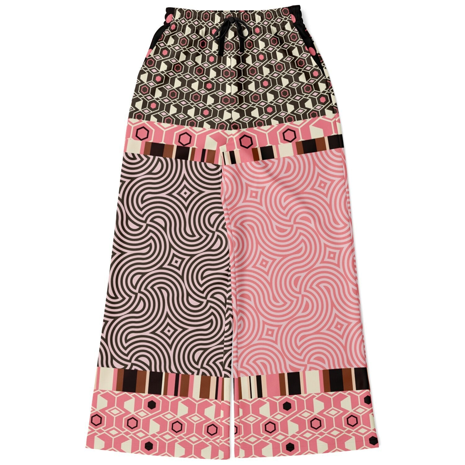 Fantasy in Pink Geometric Swirl Patchwork Eco-Poly Wide Leg Pants