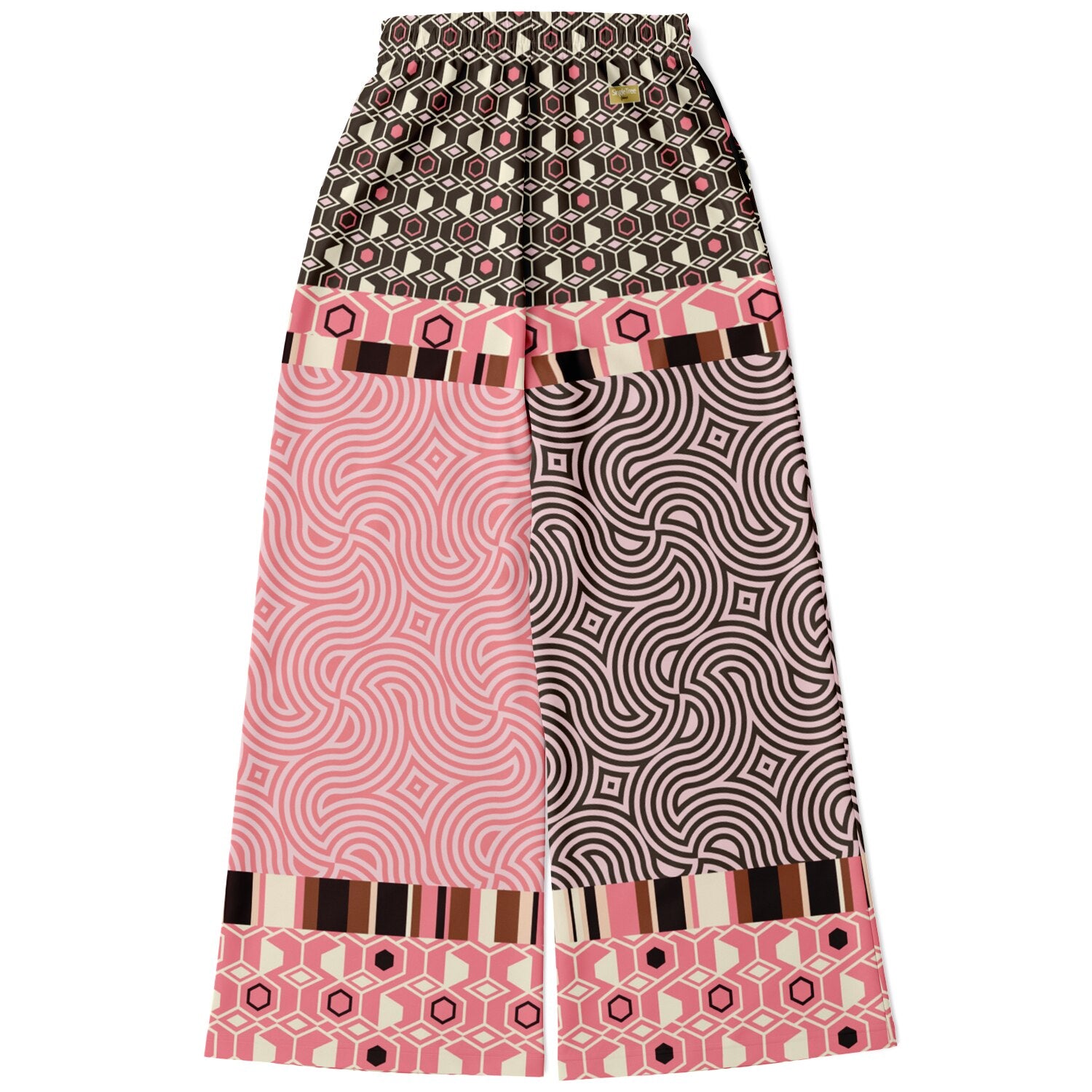Fantasy in Pink Geometric Swirl Patchwork Eco-Poly Wide Leg Pants