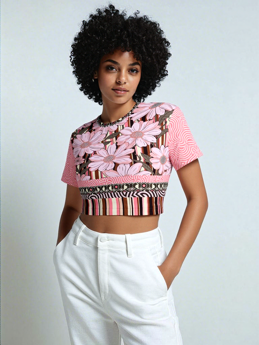 Fantasy in Pink Floral Stripe Eco-Poly Short Sleeve Cropped Pullover