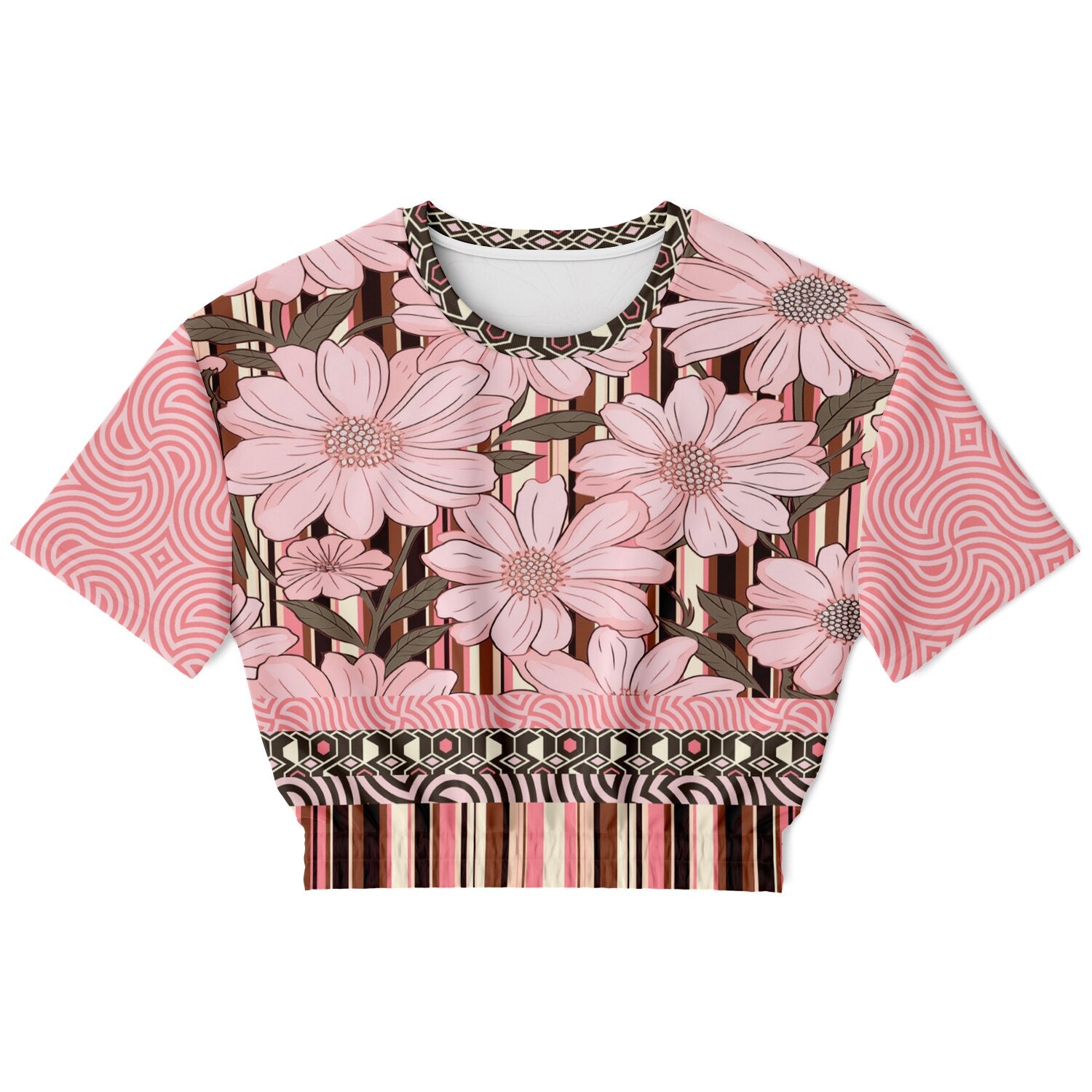 Fantasy in Pink Floral Stripe Eco-Poly Short Sleeve Cropped Pullover