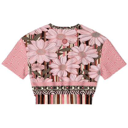 Fantasy in Pink Floral Stripe Eco-Poly Short Sleeve Cropped Pullover