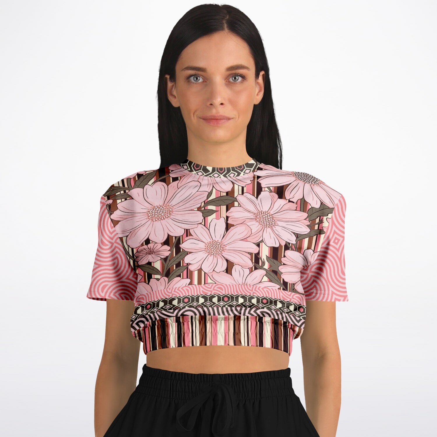 Fantasy in Pink Floral Stripe Eco-Poly Short Sleeve Cropped Pullover