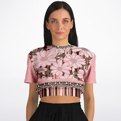 Fantasy in Pink Floral Stripe Eco-Poly Short Sleeve Cropped Pullover