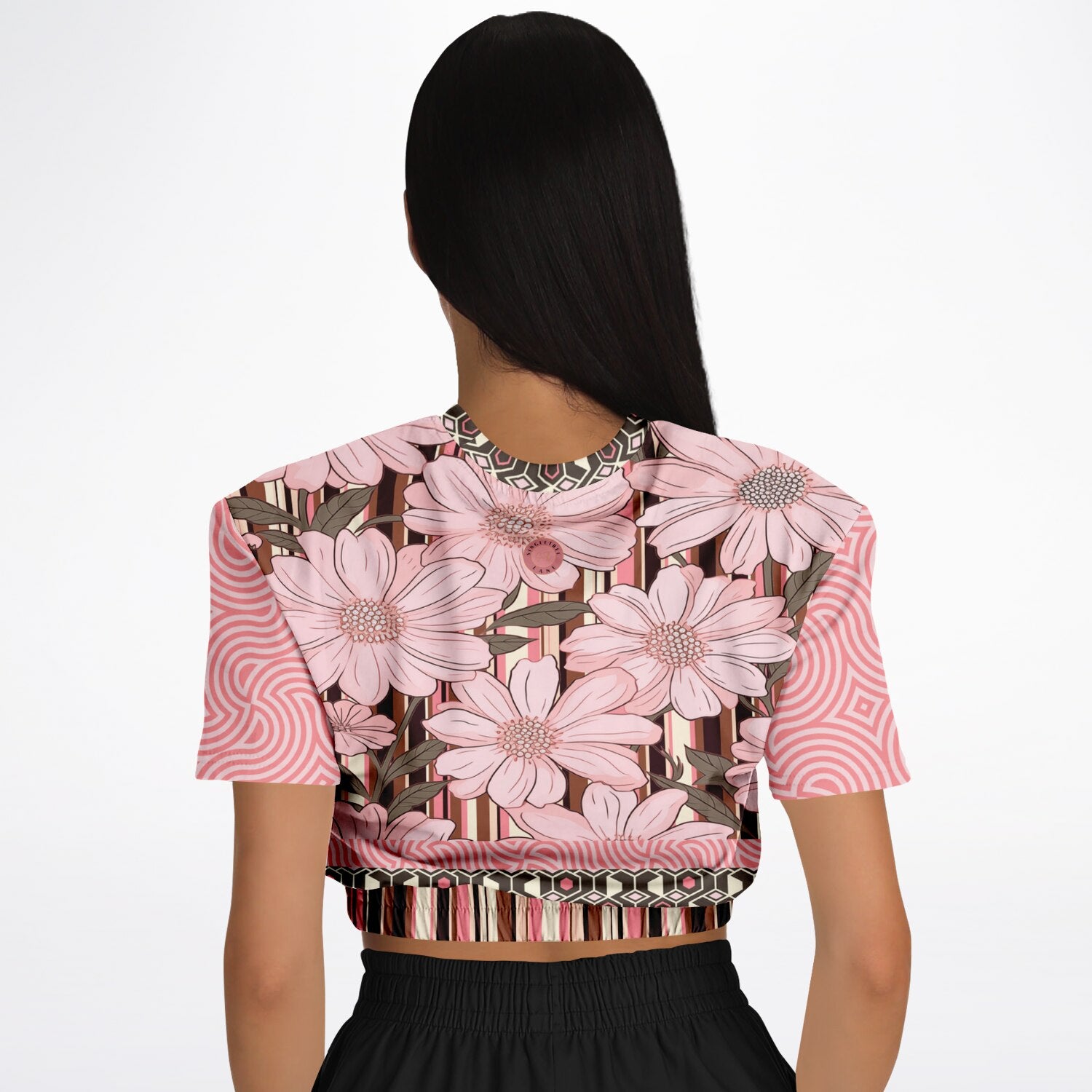 Fantasy in Pink Floral Stripe Eco-Poly Short Sleeve Cropped Pullover