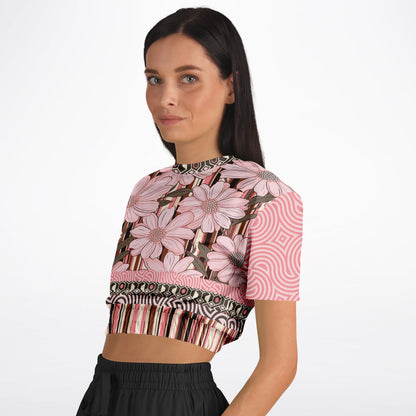 Fantasy in Pink Floral Stripe Eco-Poly Short Sleeve Cropped Pullover