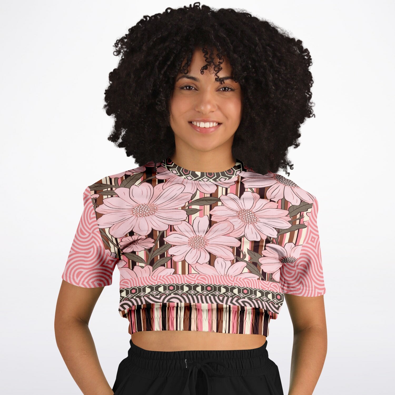 Fantasy in Pink Floral Stripe Eco-Poly Short Sleeve Cropped Pullover