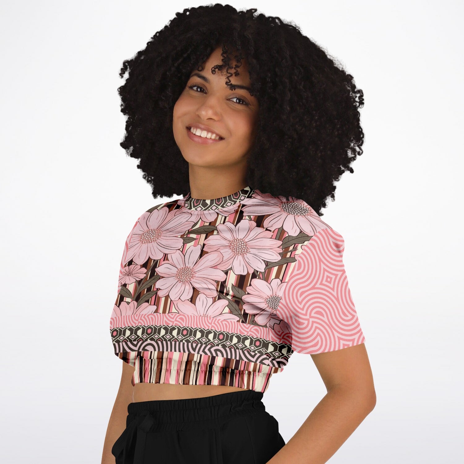 Fantasy in Pink Floral Stripe Eco-Poly Short Sleeve Cropped Pullover