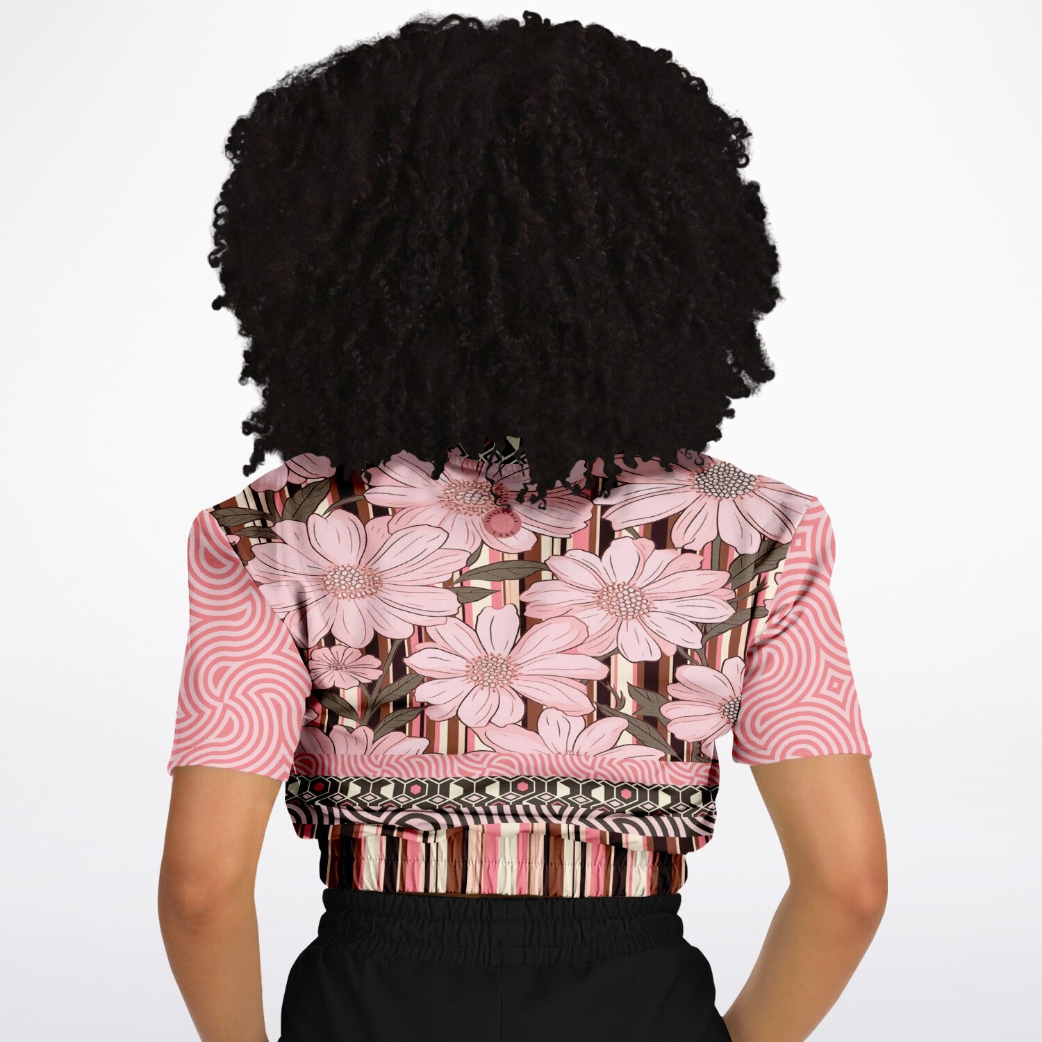 Fantasy in Pink Floral Stripe Eco-Poly Short Sleeve Cropped Pullover