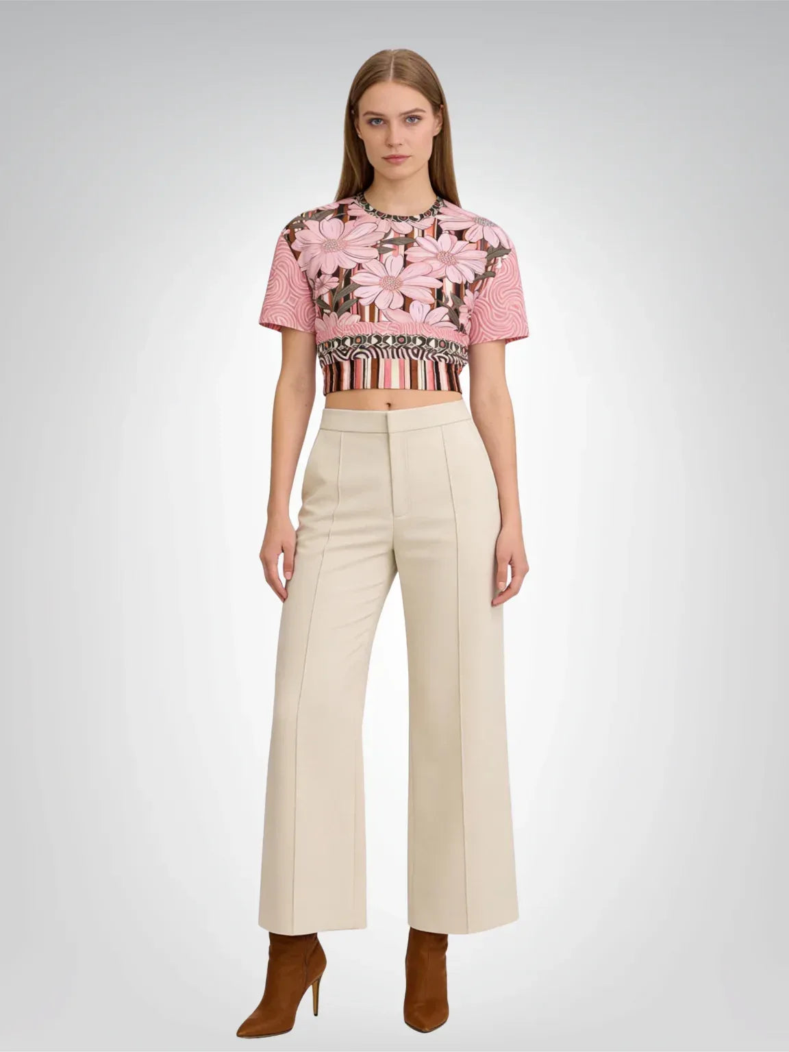 Fantasy in Pink Floral Stripe Eco-Poly Short Sleeve Cropped Pullover