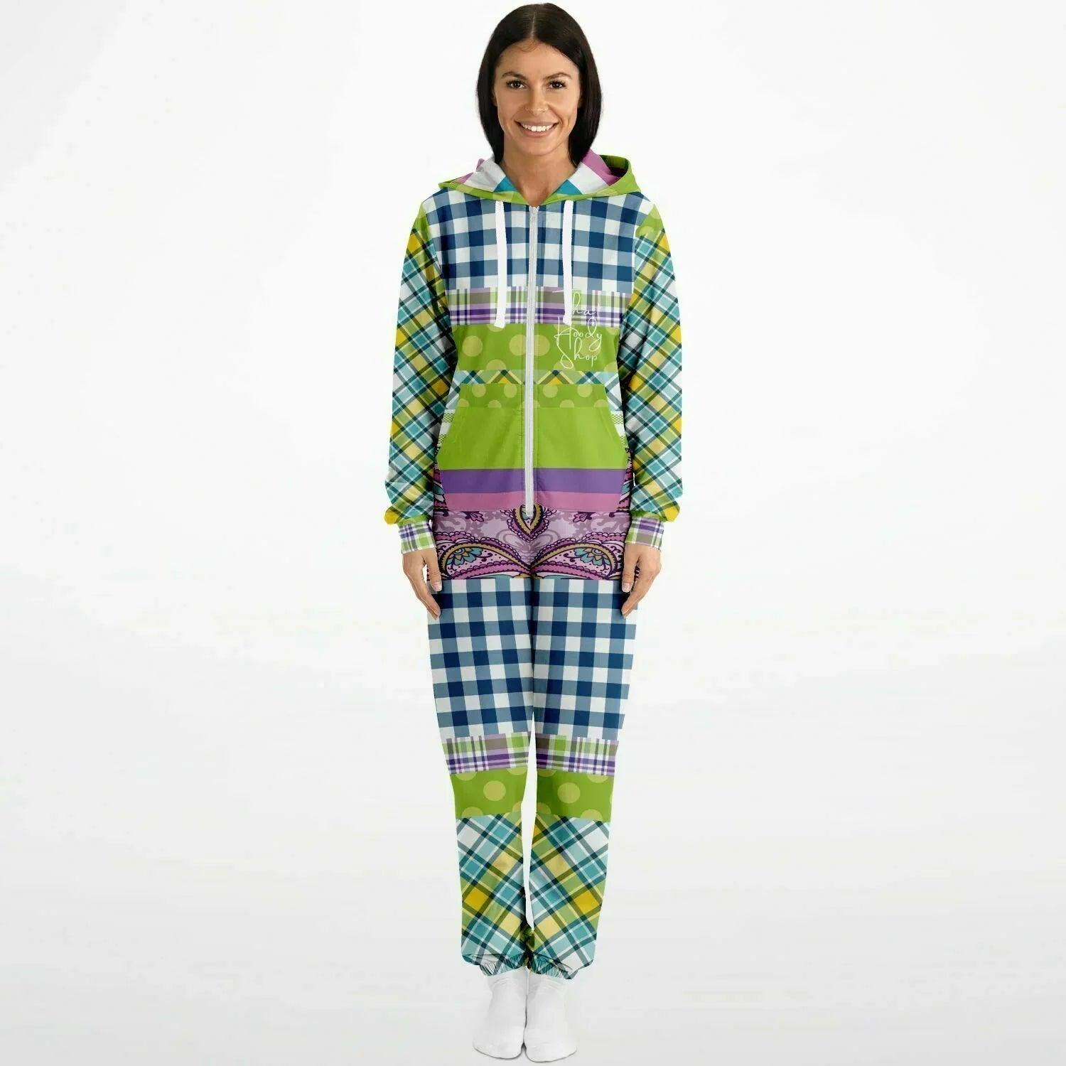Kaleido-Scape Purple Plaid Patchwork Unisex Fleece Romper