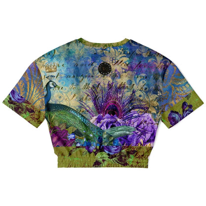 Purple Fusion Peacock in Bloom Eco-Poly Short Sleeve Cropped Pullover