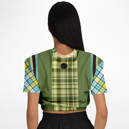 Green Caravan Plaid Eco-Poly Short Sleeve Cropped Pullover