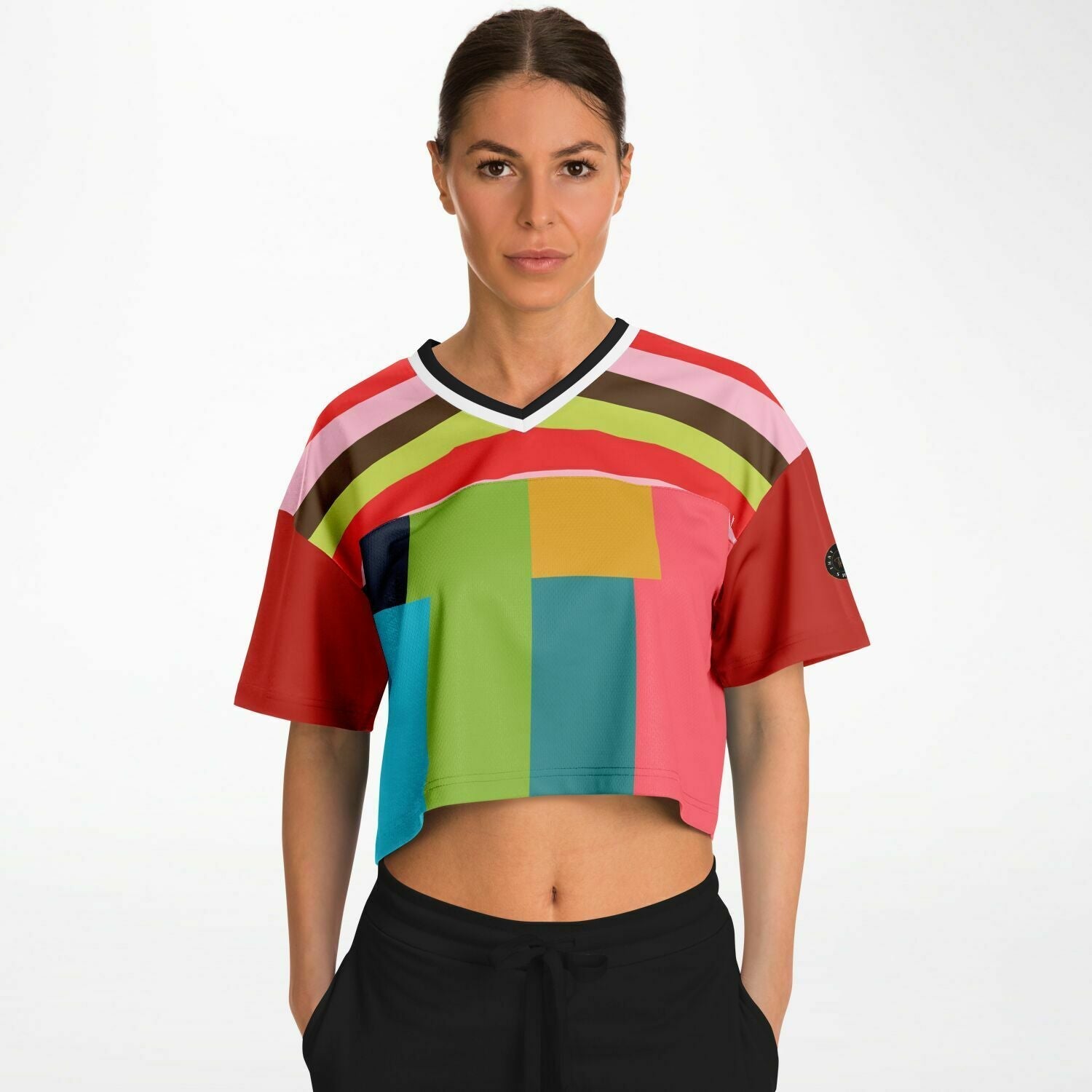 Watermelon Crush Rugby Stripe Eco-Poly V-Neck Crop Jersey