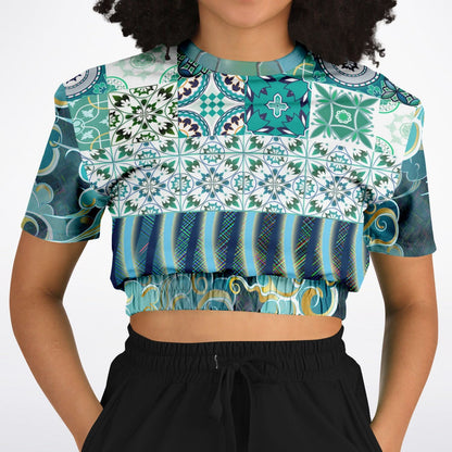 Green Meknes Mosaic Tile Eco-Poly Short Sleeve Cropped Pullover