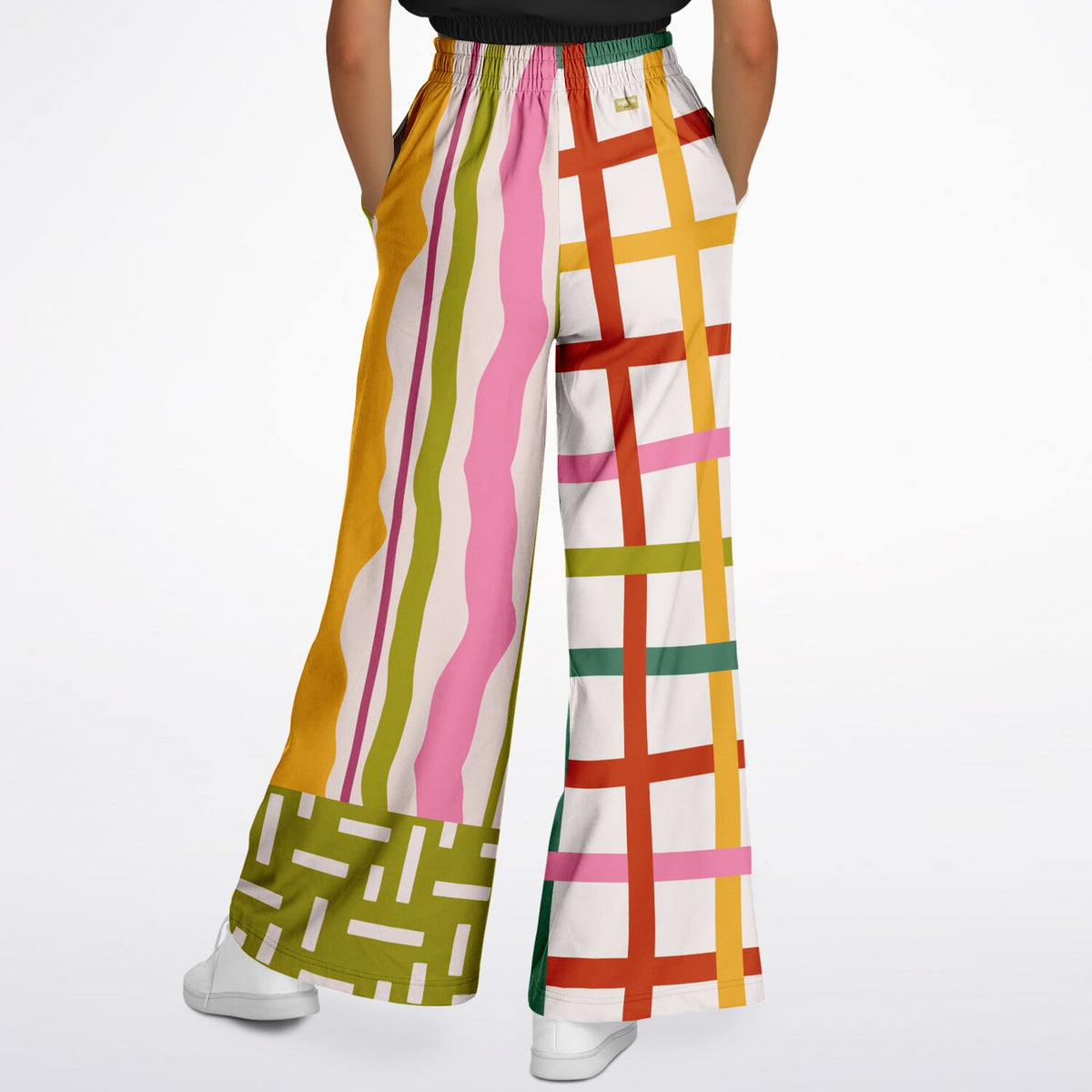 Colorful Ribbon Riot in Plaid and Stripe Eco-Poly Wide Leg Pants