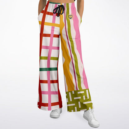 Colorful Ribbon Riot in Plaid and Stripe Eco-Poly Wide Leg Pants