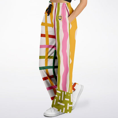 Colorful Ribbon Riot in Plaid and Stripe Eco-Poly Wide Leg Pants