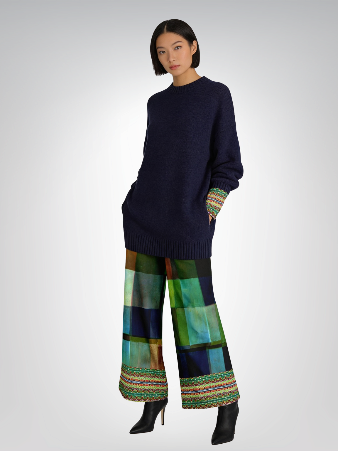 Flashback to the 70s in Checkerboard Eco-Poly Wide Leg Pants