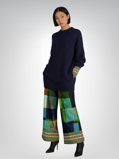 Flashback to the 70s in Checkerboard Eco-Poly Wide Leg Pants