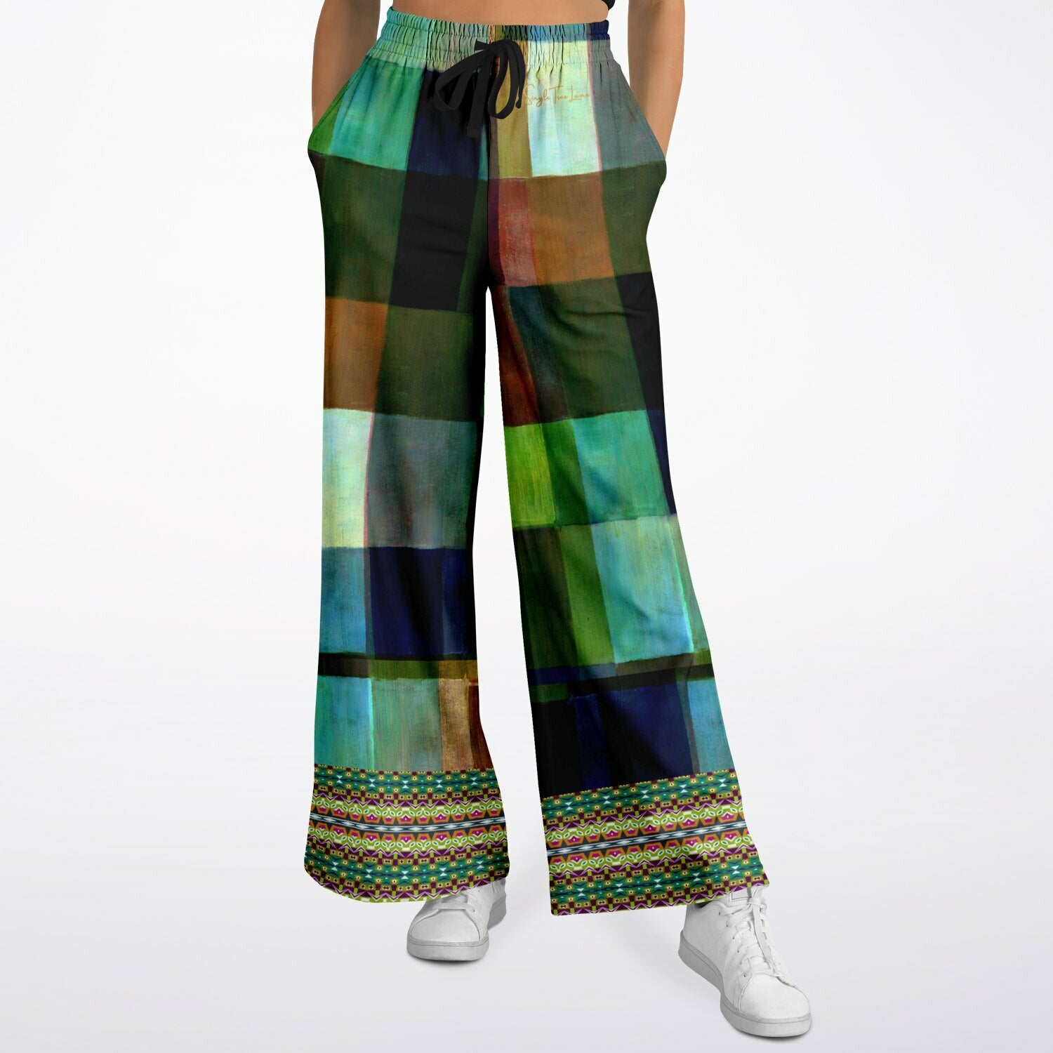 Flashback to the 70s in Checkerboard Eco-Poly Wide Leg Pants