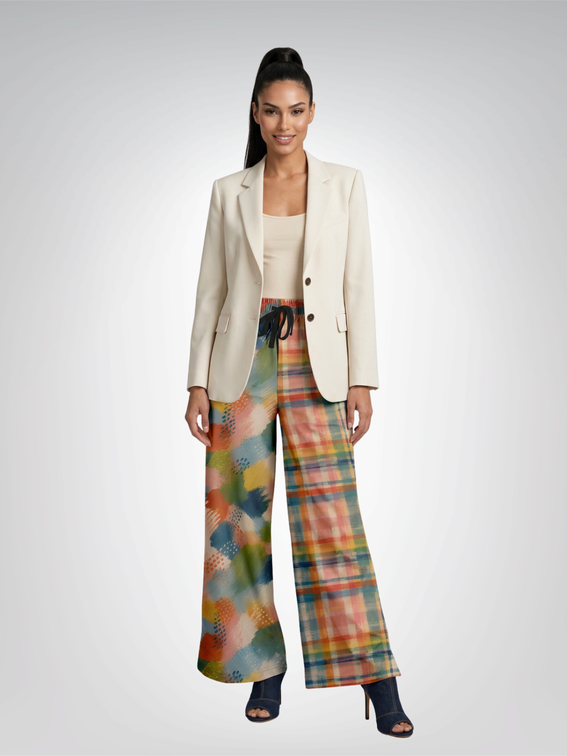 Flowers in Blue Vase in Abstract Plaid &amp; Stripe Eco-Poly Wide Leg Pants