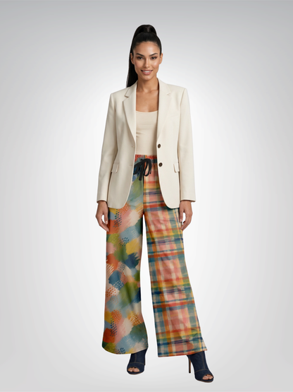 Flowers in Blue Vase in Abstract Plaid &amp; Stripe Eco-Poly Wide Leg Pants