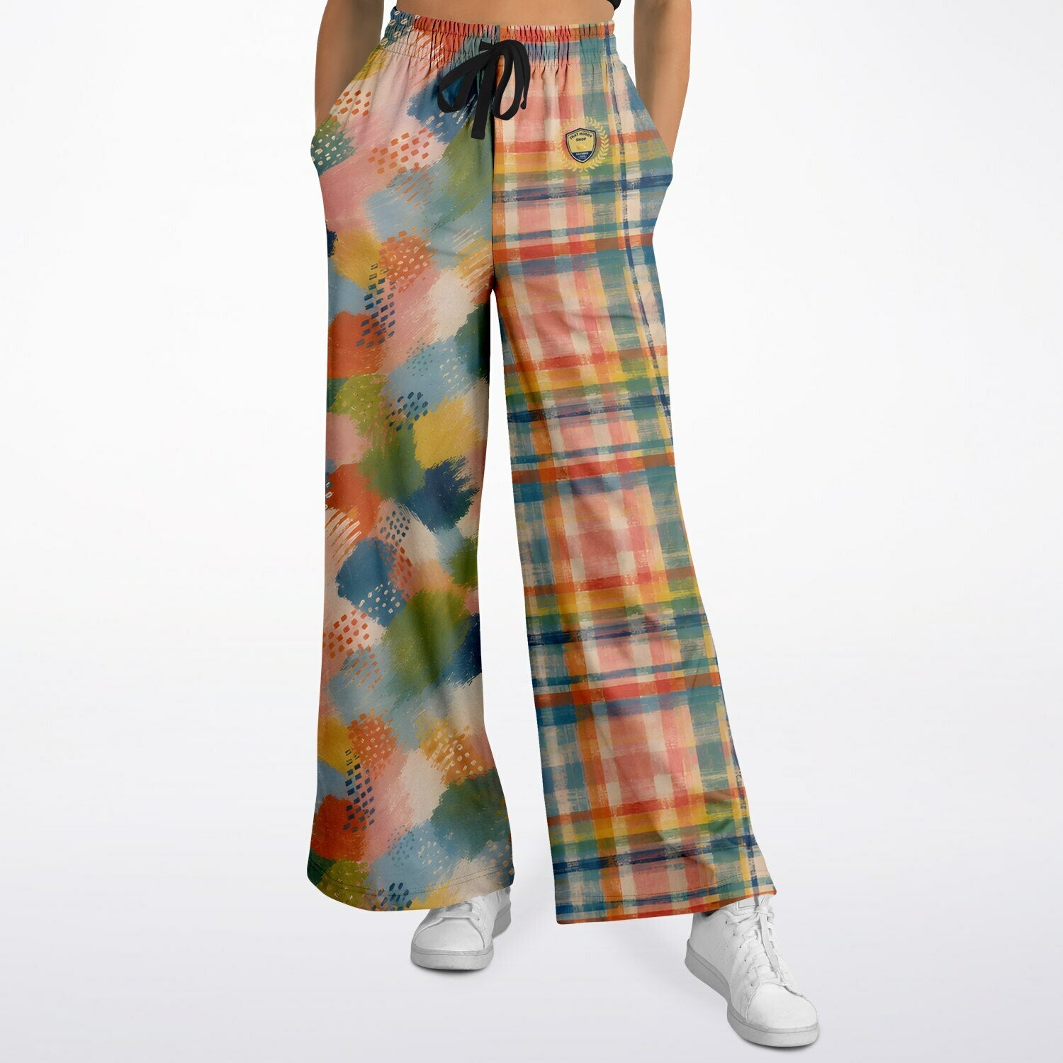 Flowers in Blue Vase in Abstract Plaid &amp; Stripe Eco-Poly Wide Leg Pants