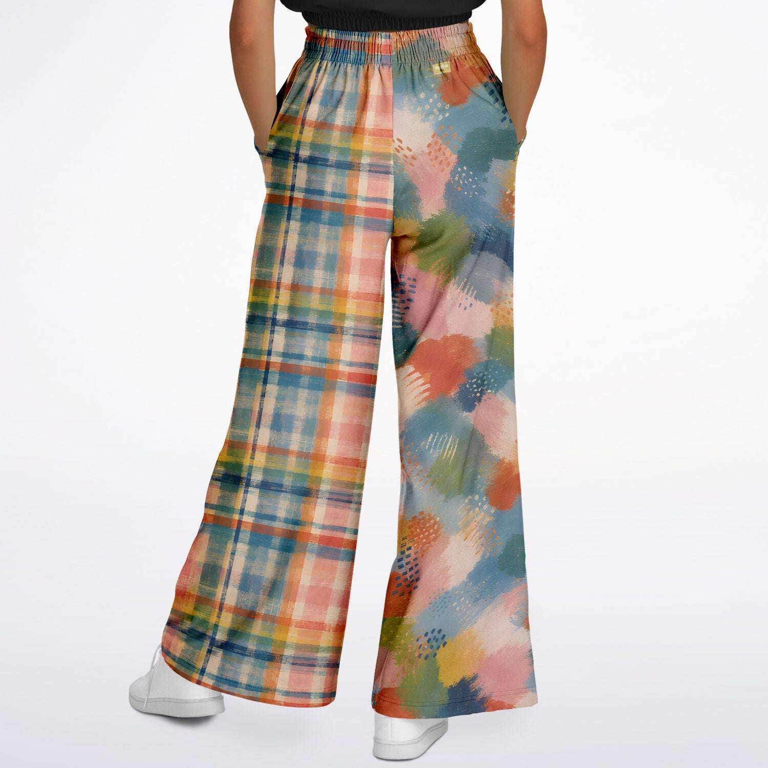 Flowers in Blue Vase in Abstract Plaid &amp; Stripe Eco-Poly Wide Leg Pants