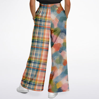 Flowers in Blue Vase in Abstract Plaid &amp; Stripe Eco-Poly Wide Leg Pants
