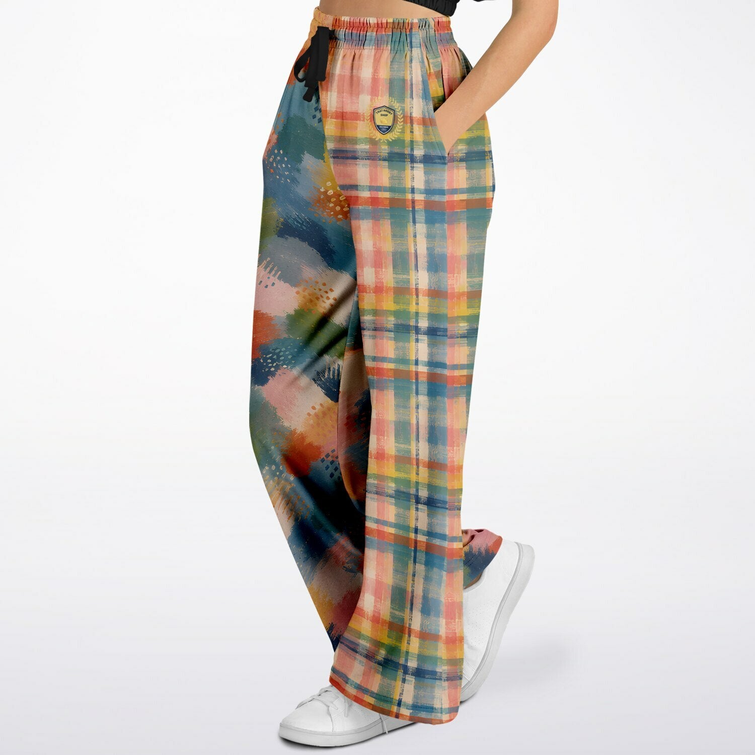 Flowers in Blue Vase in Abstract Plaid &amp; Stripe Eco-Poly Wide Leg Pants