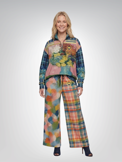 Flowers in Blue Vase in Abstract Plaid &amp; Stripe Eco-Poly Wide Leg Pants