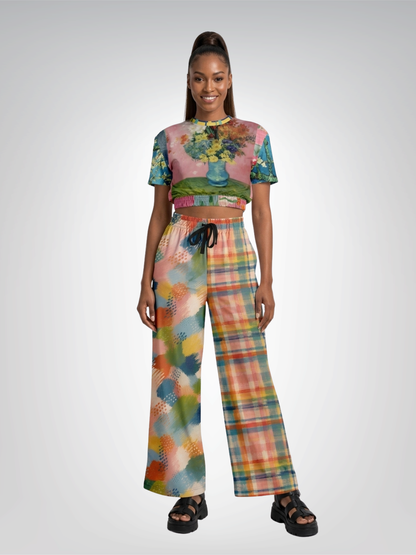 Flowers in Blue Vase in Abstract Plaid &amp; Stripe Eco-Poly Wide Leg Pants