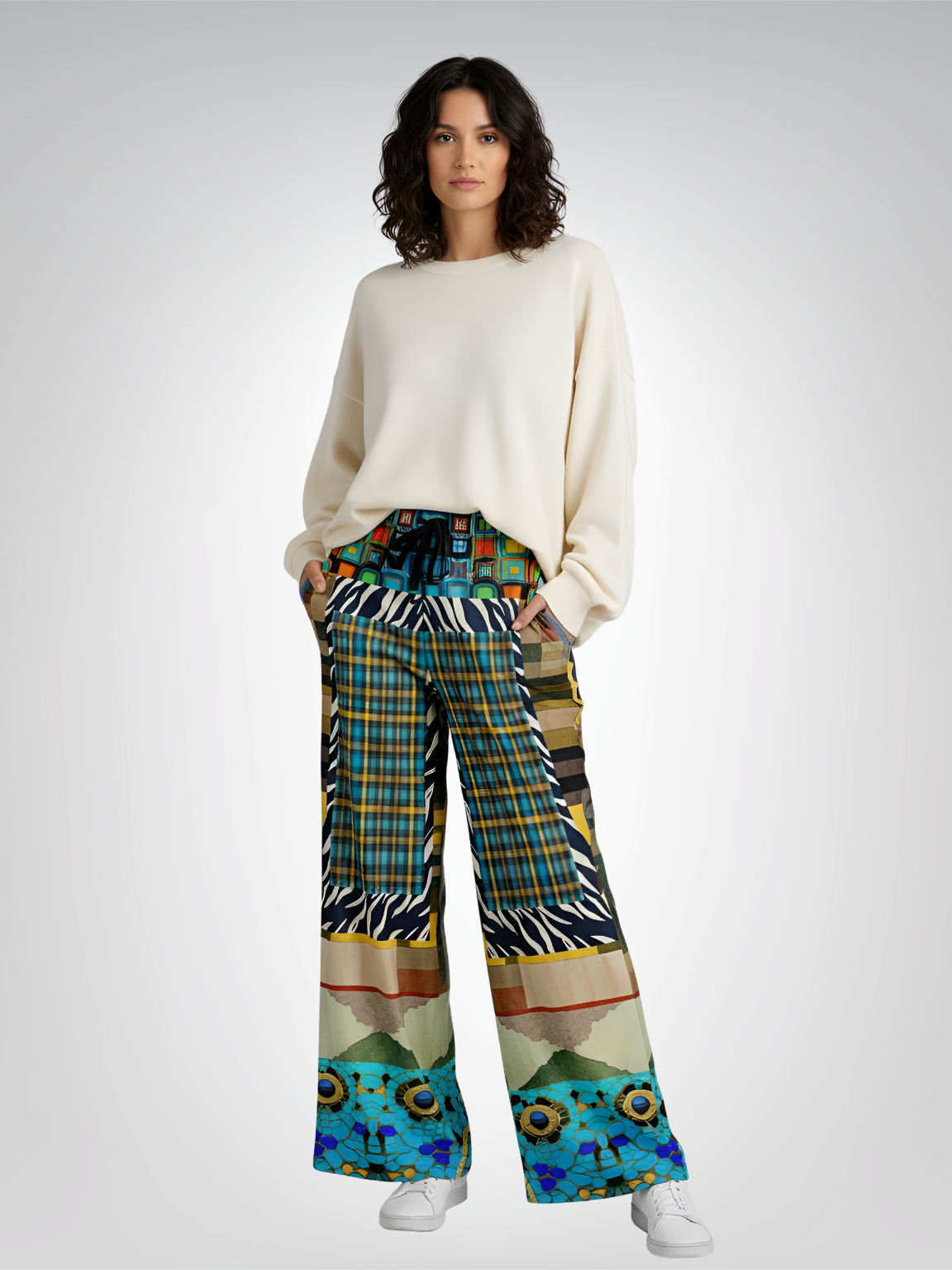 Forest Fowl in the Garden of Eden Abstract Geo Eco-Poly Wide Leg Pants