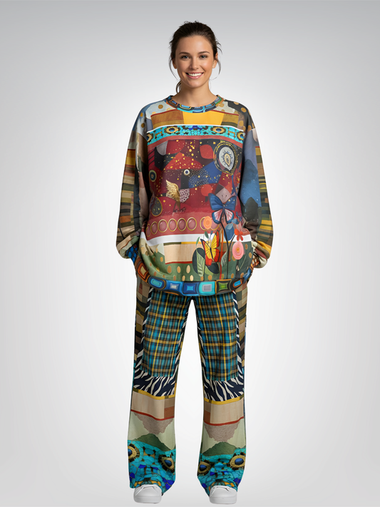 Forest Fowl in the Garden of Eden Abstract Geo Eco-Poly Wide Leg Pants