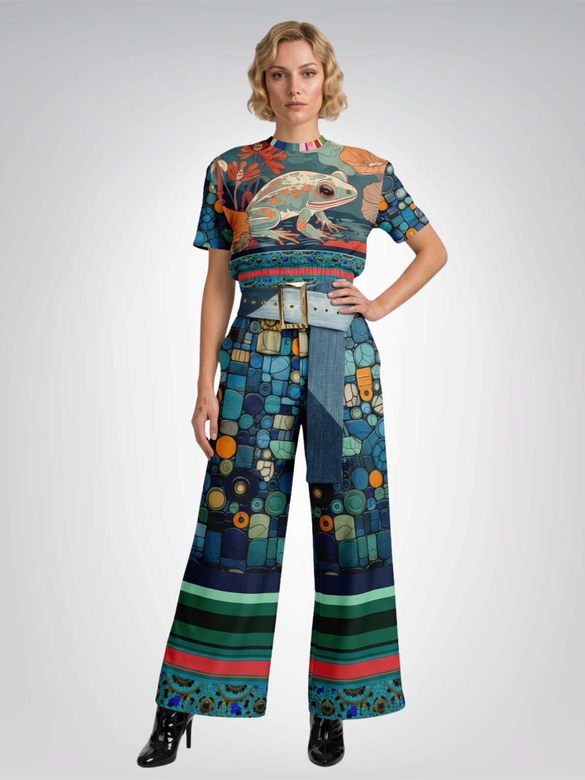 Frog on Koi Pond in Mosaic and Stripe Eco-Poly Wide Leg Pants