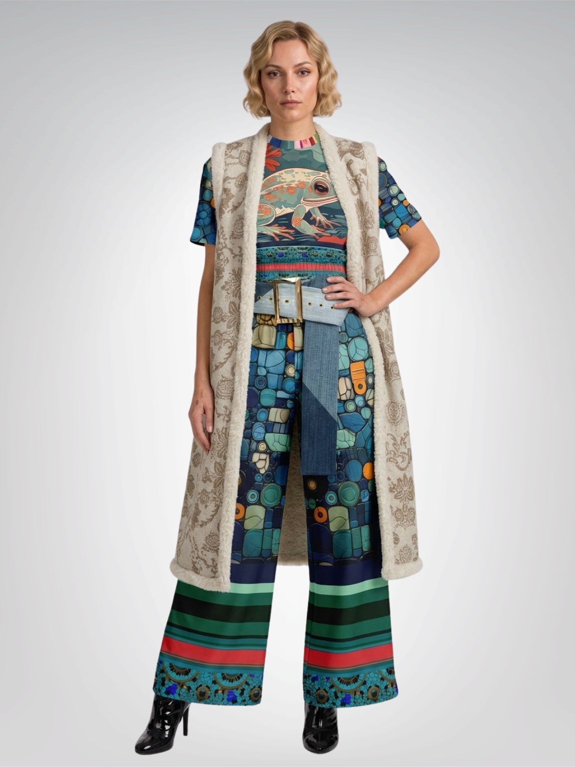 Frog on Koi Pond in Mosaic and Stripe Eco-Poly Wide Leg Pants