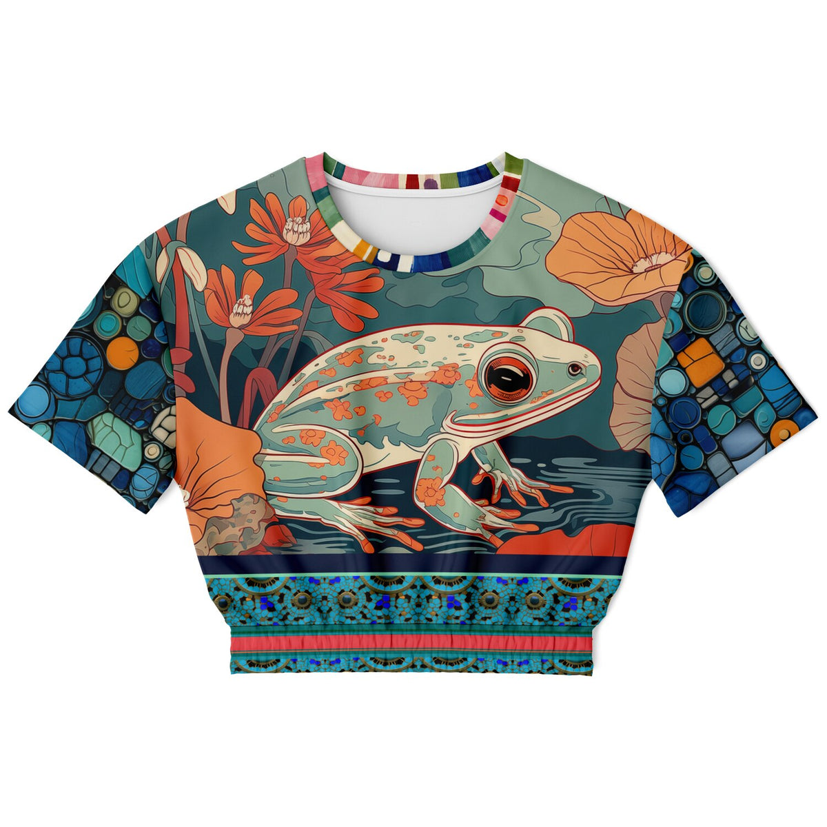 Frog on Koi Pond Eco-Poly Short Sleeve Cropped Pullover