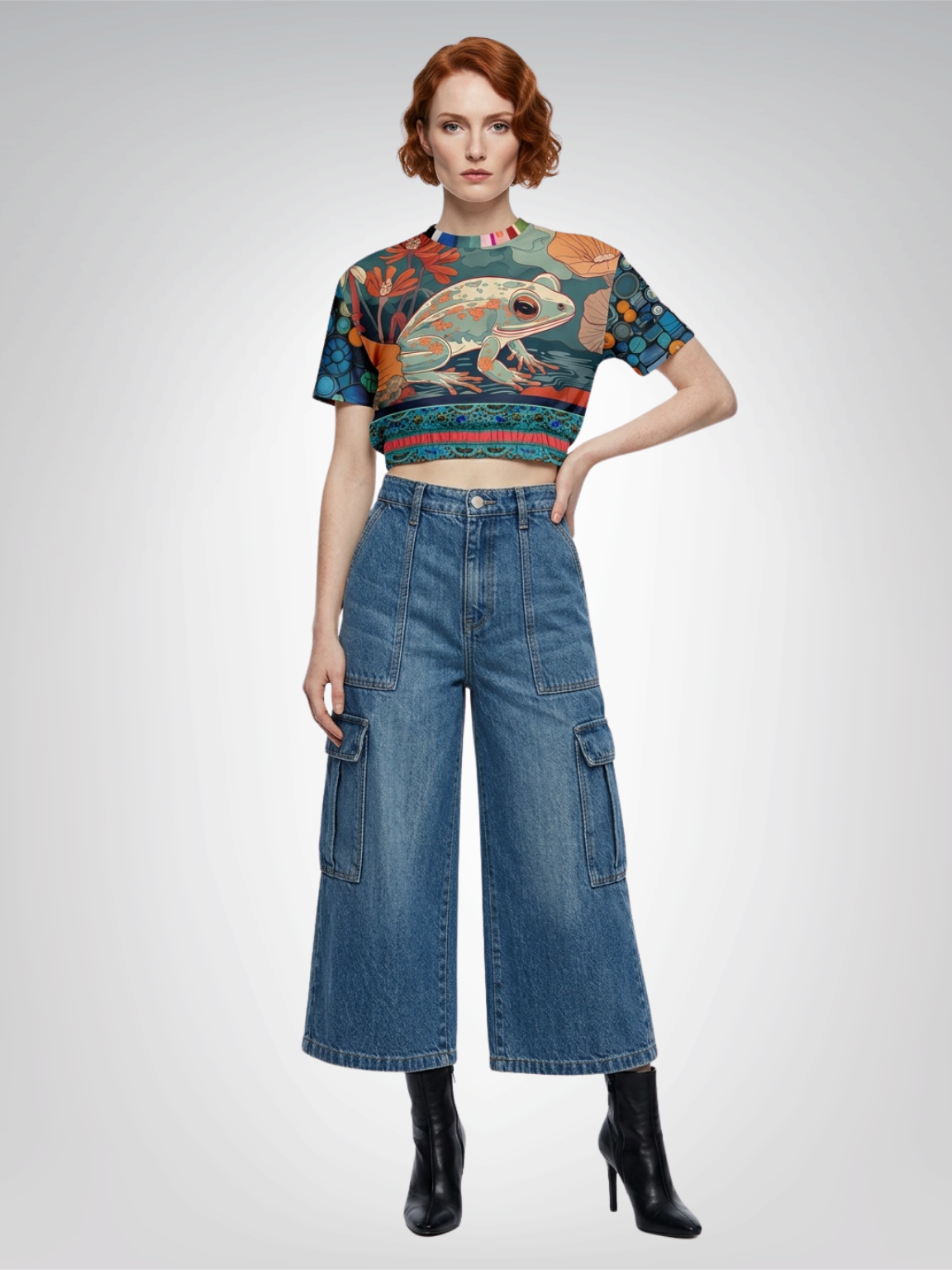 Frog on Koi Pond Eco-Poly Short Sleeve Cropped Pullover