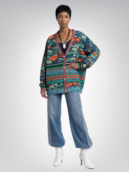 Frog on Koi Pond Floral Mosaic Stripe Heavyweight Unisex Cardigan