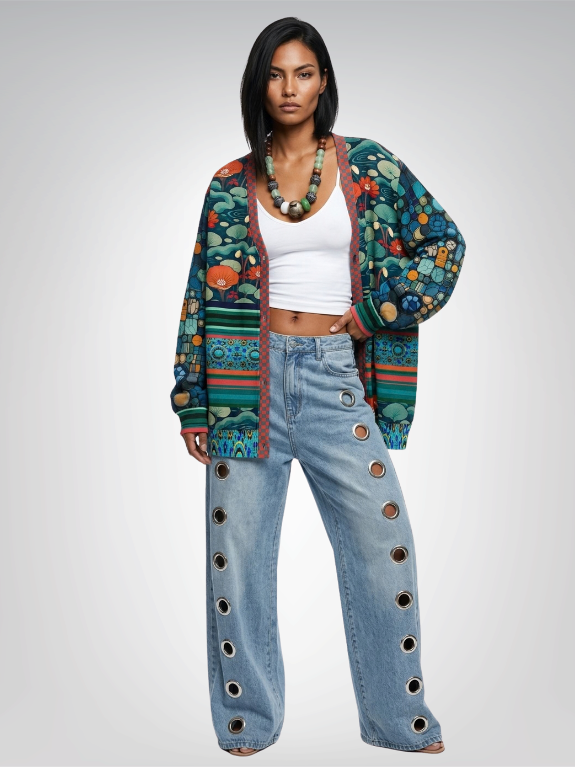 Frog on Koi Pond Floral Mosaic Stripe Heavyweight Unisex Cardigan