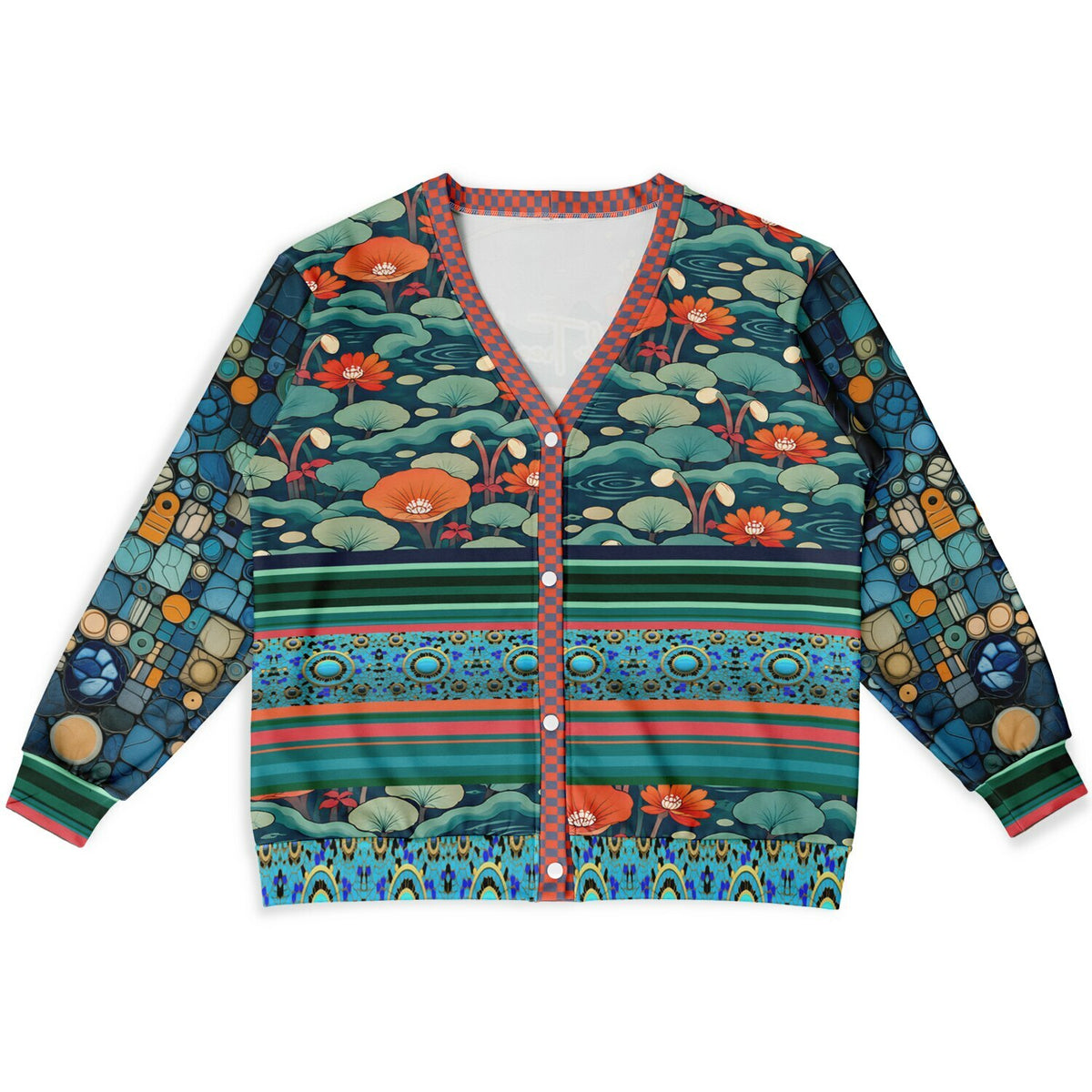 Frog on Koi Pond Floral Mosaic Stripe Heavyweight Unisex Cardigan