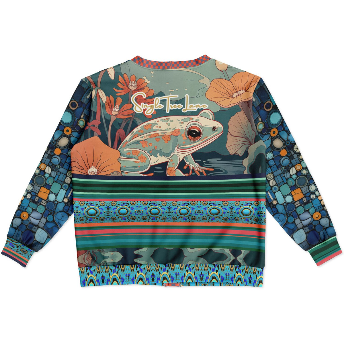 Frog on Koi Pond Floral Mosaic Stripe Heavyweight Unisex Cardigan