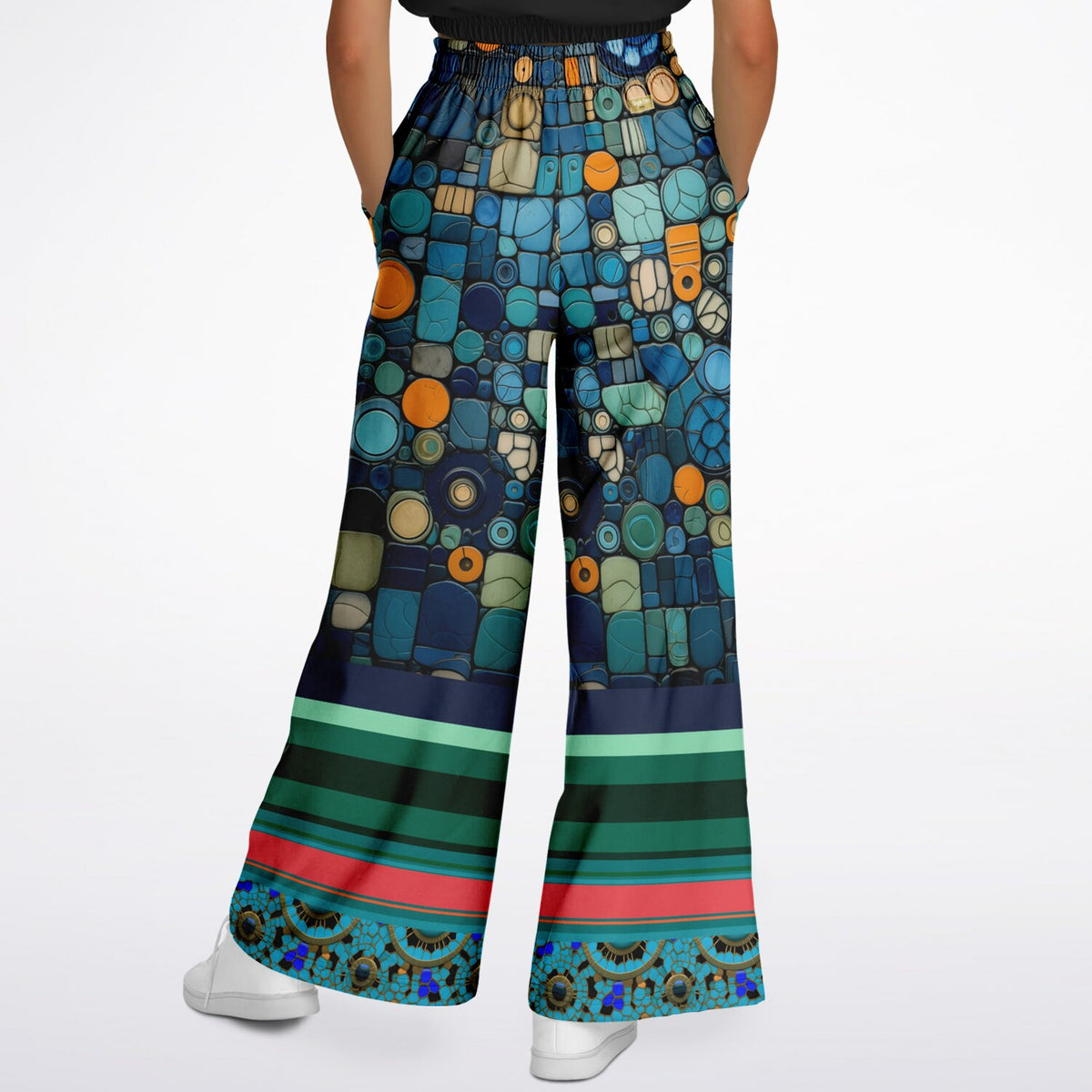 Frog on Koi Pond in Mosaic and Stripe Eco-Poly Wide Leg Pants