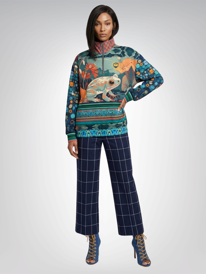 Frog on Koi Pond Floral Mosaic Stripe Heavyweight Oversized Quarter Zip Sweatshirt