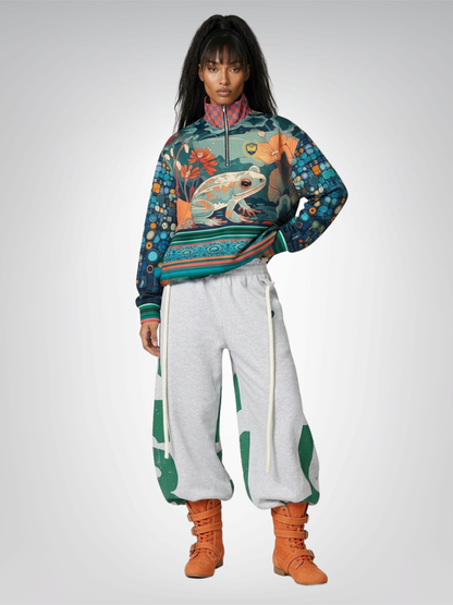 Frog on Koi Pond Floral Mosaic Stripe Heavyweight Oversized Quarter Zip Sweatshirt