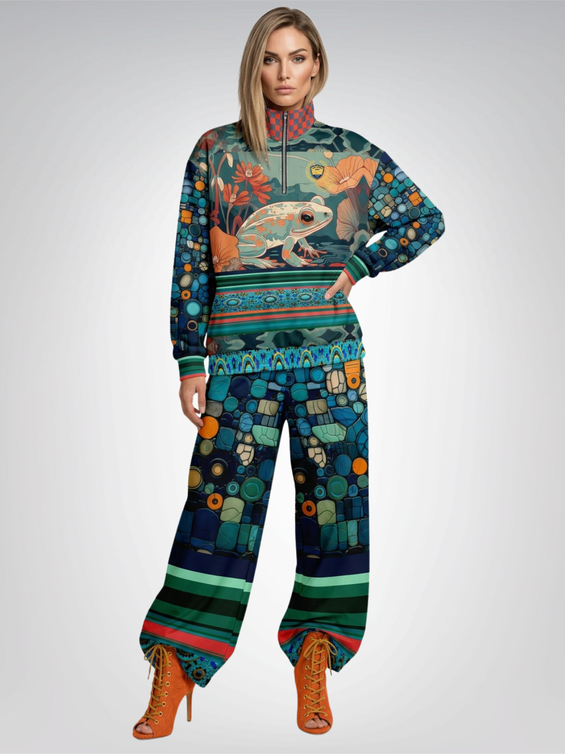 Frog on Koi Pond Floral Mosaic Stripe Heavyweight Oversized Quarter Zip Sweatshirt