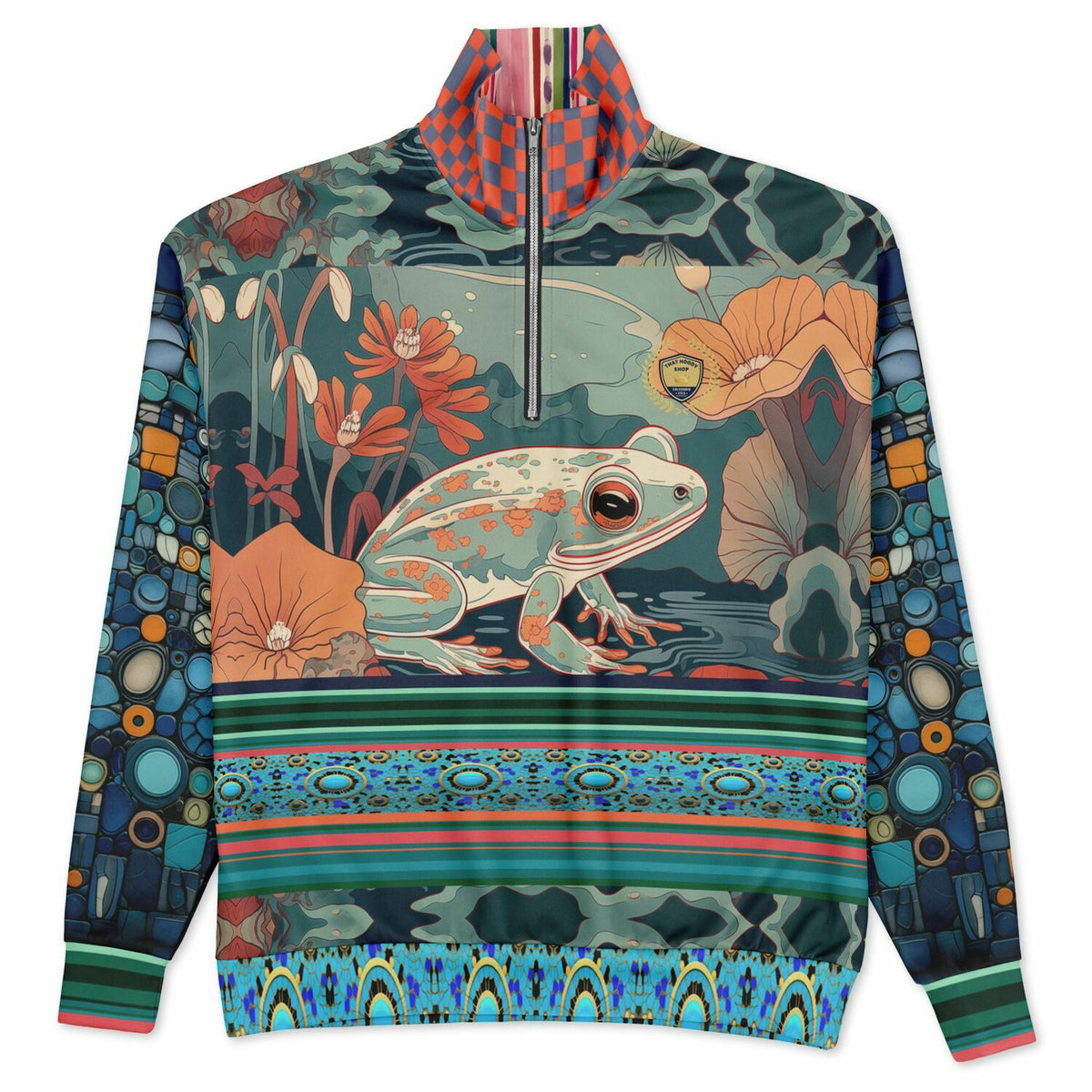 Frog on Koi Pond Floral Mosaic Stripe Heavyweight Oversized Quarter Zip Sweatshirt