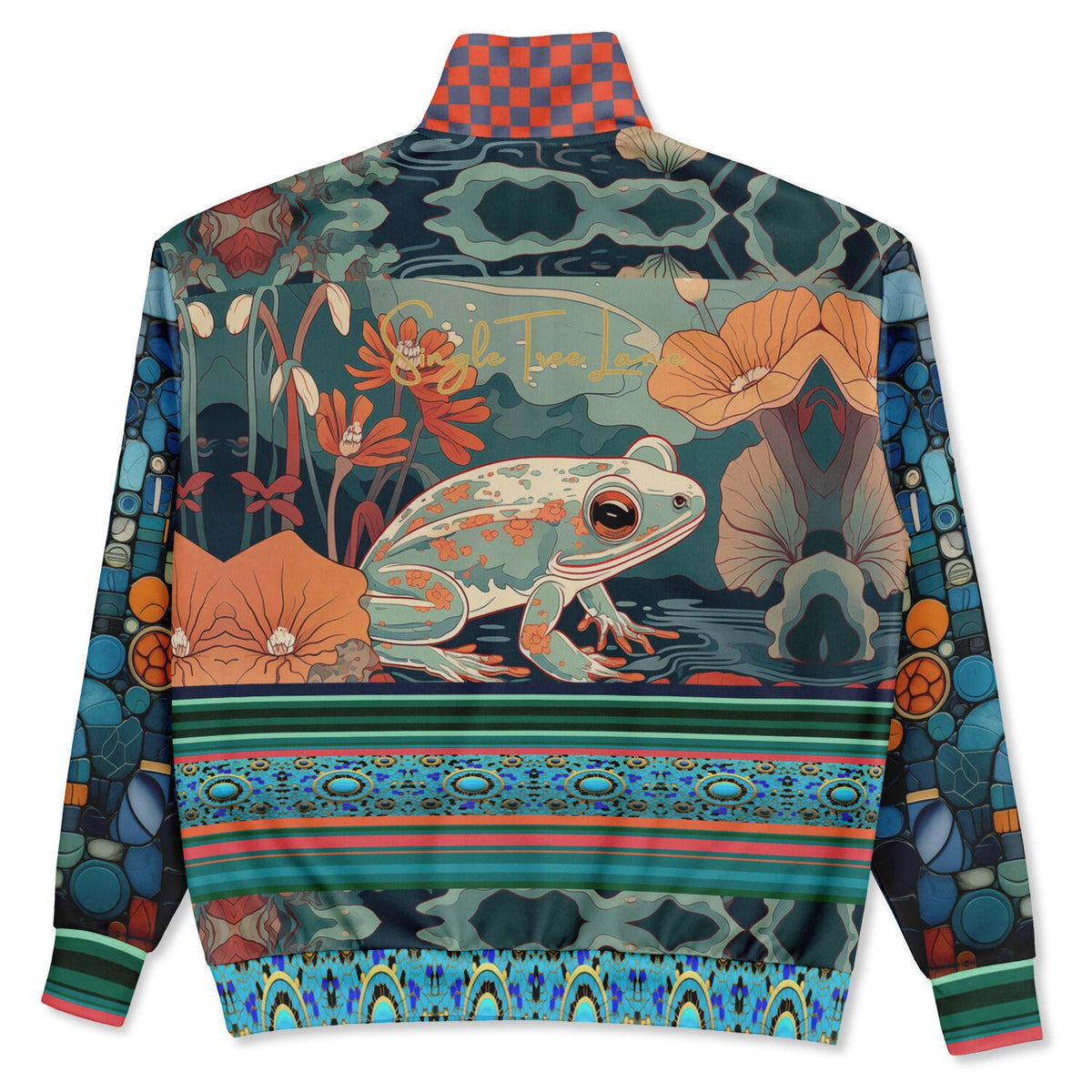 Frog on Koi Pond Floral Mosaic Stripe Heavyweight Oversized Quarter Zip Sweatshirt