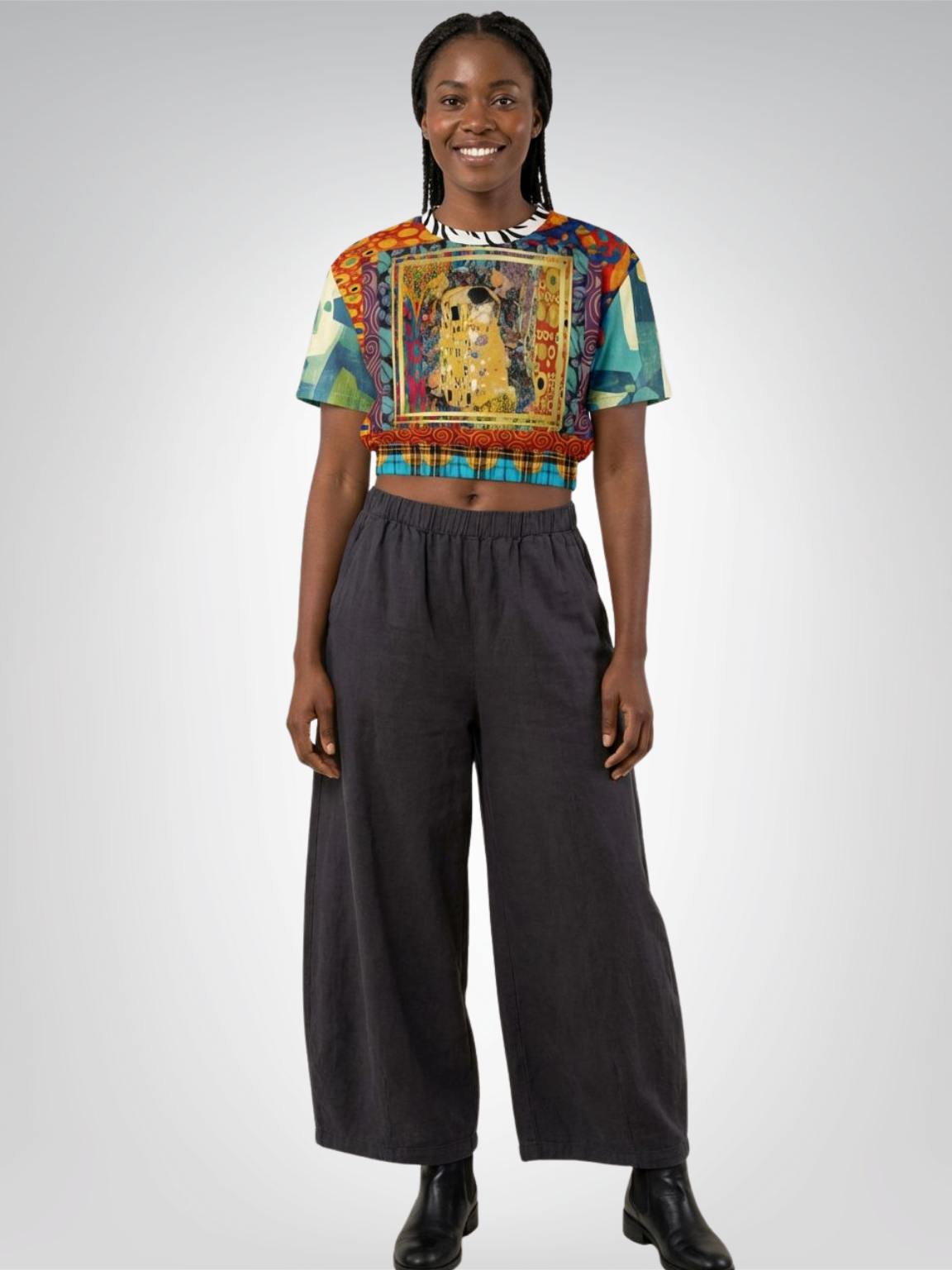 Give Me a Kiss Art Deco Print Eco-Poly Short Sleeve Cropped Pullover